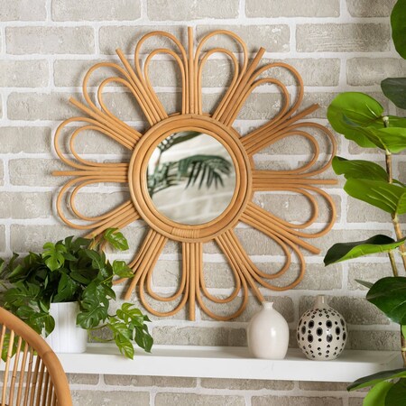 Baxton Studio Sakura Modern Bohemian Natural Brown Rattan Accent Wall Mirror 211-12757-ZORO